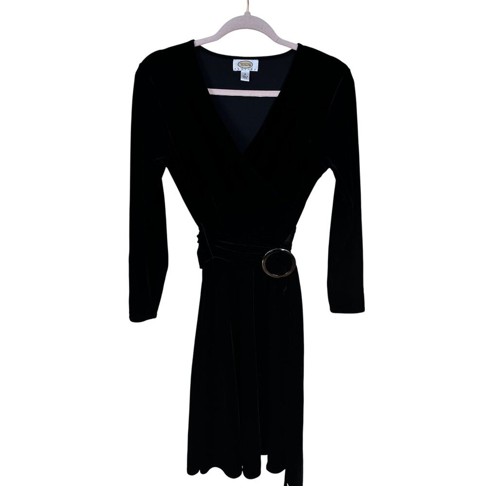 Talbots Petite Wrap Dress Size 2 Black Velvet Long Sleeve Belted